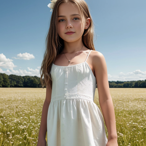 A young girl in a white dress in a sunny meadow