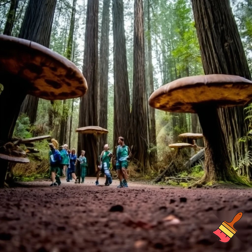 scouts in redwood forest with titanic mushrooms