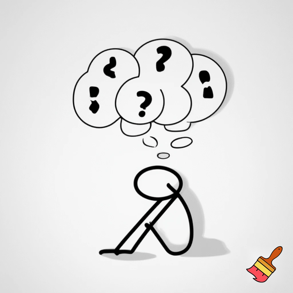 Hook / Brain thinking

Minimalist stick figure sitting, thinking with multiple thought bubbles above head, black and white, xkcd-style, simple cartoon illustration