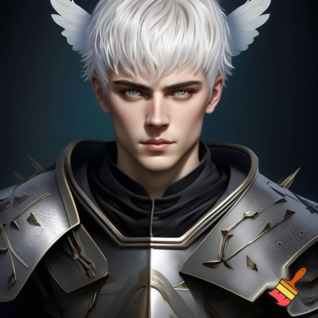  man with angelic short white hair and blueish gold eyes. he is also a knight