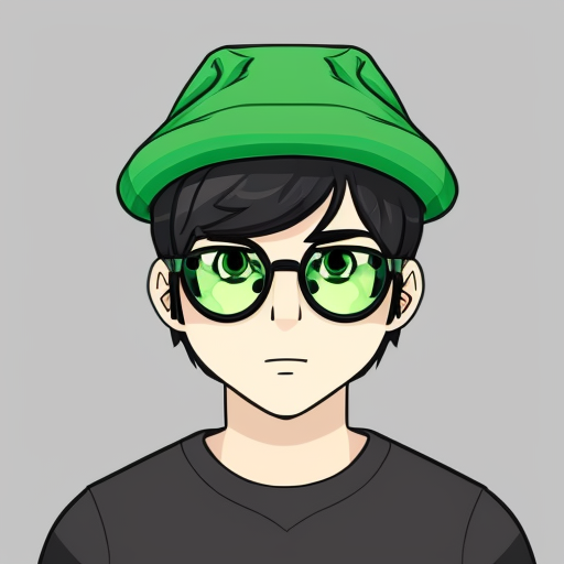  anime teenage boy with a green hat with a minecraft tnt design on it, green eyes, black glasses and a green jumper