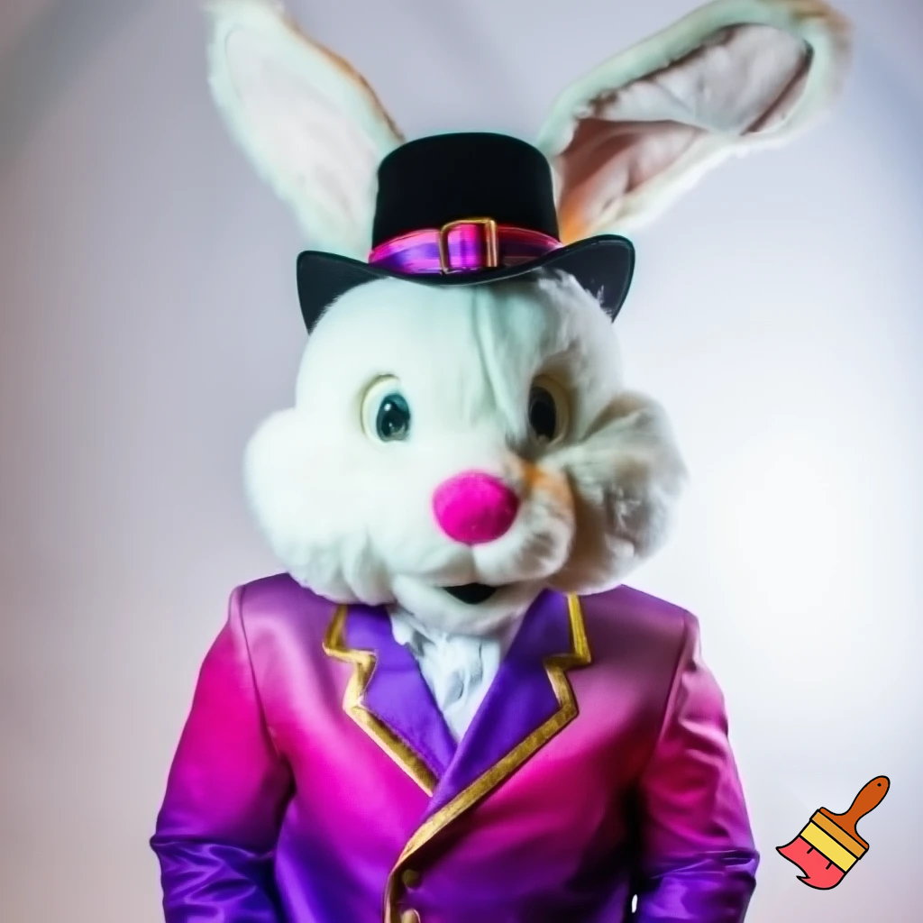 Easter bunny mascot costume top hat a colour face jacket purple and pink pink, purple and pink and gold purple and pink and gold