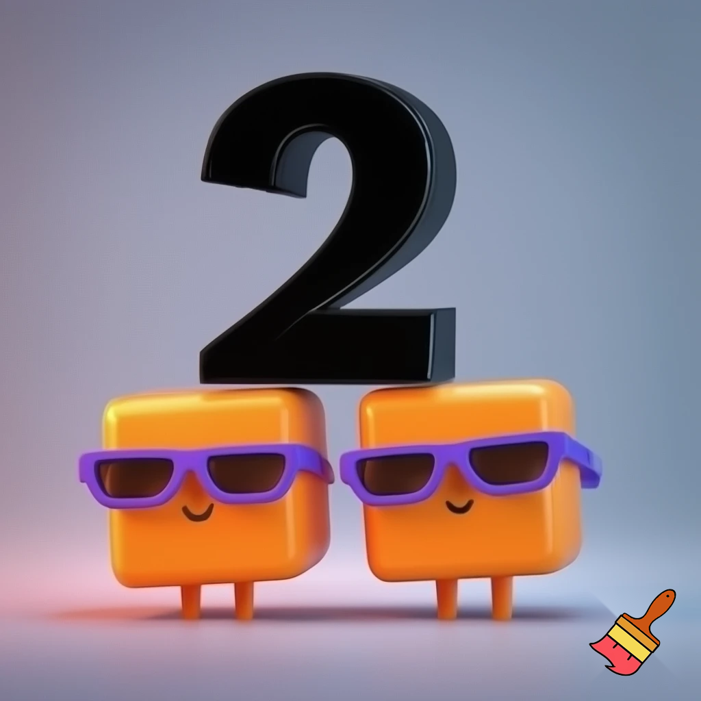 2 orange blocks with a face and a black number 2 above and wearing purple glasses
