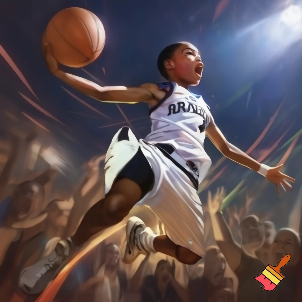  14-year-old Black basketball player in a white "Bullard" jersey sinking the winning three-pointer! 
 14-year-old Black basketball player in a white Bullard jersey hitting a game-winning three-pointer, dynamic action shot, crowd cheering
