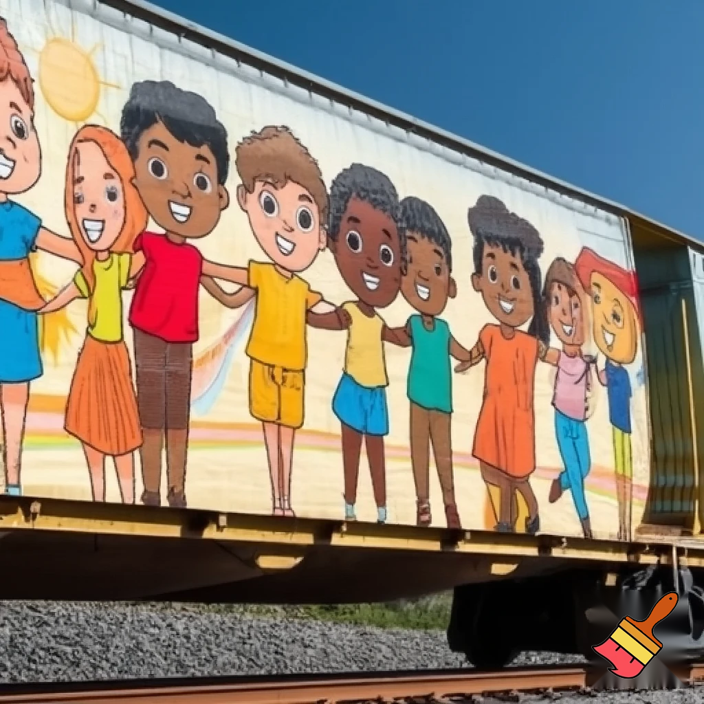create this as an art piece . I chose to put the mural on train cargos. This way the art will be seen from coast to coast by those who see the train passing.
The goal is to enlighten everyone who sees it pass by and create a message of hope and unity nationwide. 
I wanted the mural to be interactive—similar to a flip book, where movement creates the illusion of animation. 
As the train moves, the images of the children holding hands will appear to link together, created by a sequence of slightly varied illustrations across the train cars.



