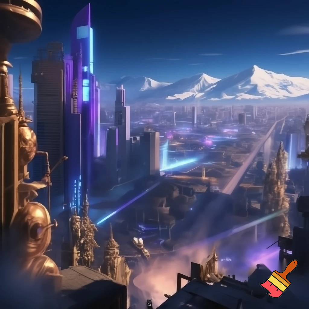 create a landscape background 



Style: anime teaser, a mix of cyberpunk, steampunk and ethno motifs (PUNKVERSE)



Palette: deep cool neon blues/purples + warm brass-copper range for steampunk elements + white-snow accents in the background.



Description: Almaty at night, view from the roof (transition from Scene 7), but now without characters. An empty landscape.



Action: Focus on the city.



Visual: A scene on the roof / generalized observation deck of the city.