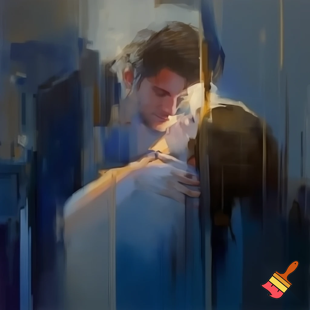 oil painting romantic couple man and woman with a long hair love blue and grey modern abstract
