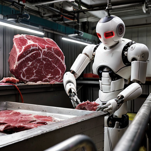 a sprawling, steam-choked industrial meat factory where conveyor belts groan under the weight of pale, segmented human limbs—neatly trimmed thighs, torsos split down the sternum, fingers still twitching as hydraulic claws pluck them into alignment. Gleaming robotic arms, their joints slick with blood-misted grease, methodically disassemble dangling carcasses under the sterile glare of flickering neon lights, their blades humming through flesh with clinical precision. A central vat bubbles with churned viscera, pink froth spilling over as a faceless drone scoops a slurry of ground bone and meat into sterile packaging stamped "GRADE A." In the foreground, a half-skinned face stares blankly from a hook, its jaw slack beside a dangling barcode tag that reads "HARVEST DATE: TODAY." The air shudders with the wet thud of cleavers and the static-laced drone of a synthesized voice repeating, "YIELD OPTIMAL. PROCEED TO PROCESSING