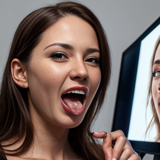 Woman with tongue sticking out looking exited at the screen 