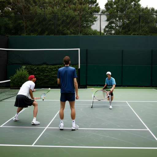 generate a group of poor people thinking on a tennis court.