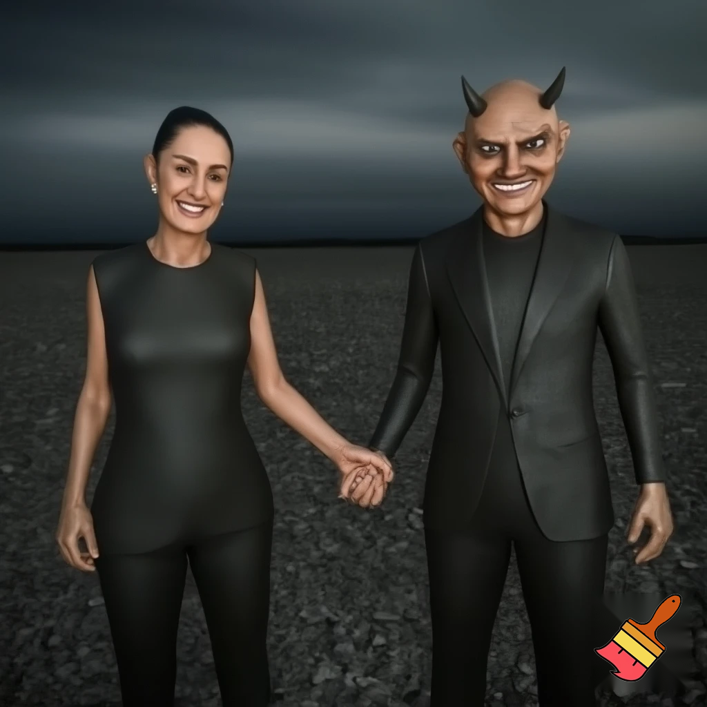 claudia sheinbaum holding hands with the devil and smiling, full body, making deals