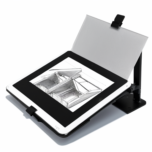 Hand-drawn industrial design pencil sketch of a foldable tablet and mobile stand with a sun-shade hood, similar to a previous concept sketch of a tablet screen shade stand. The design includes telescopic side frames that expand for tablet size and shrink for mobile size, sliding adjustable base plate, and a central adjustable clamp holder. Top UV-blocking screen shade flap and two foldable side flaps in accordion style, with a reflective inner surface for heat reduction. Detachable heat-shield pad behind the device. Adjustable triangular back support stand with hinge joints. Show multiple views on one page: perspective view, folded compact mode, fully expanded tablet mode, and an exploded parts view. Add arrows, handwritten annotations, and callouts. Clean white background, graphite pencil drawing, cross-hatching shading, product design sketchbook style, patent-style clarity mixed with industrial concept art, monochrome, soft shadows, realistic proportions.