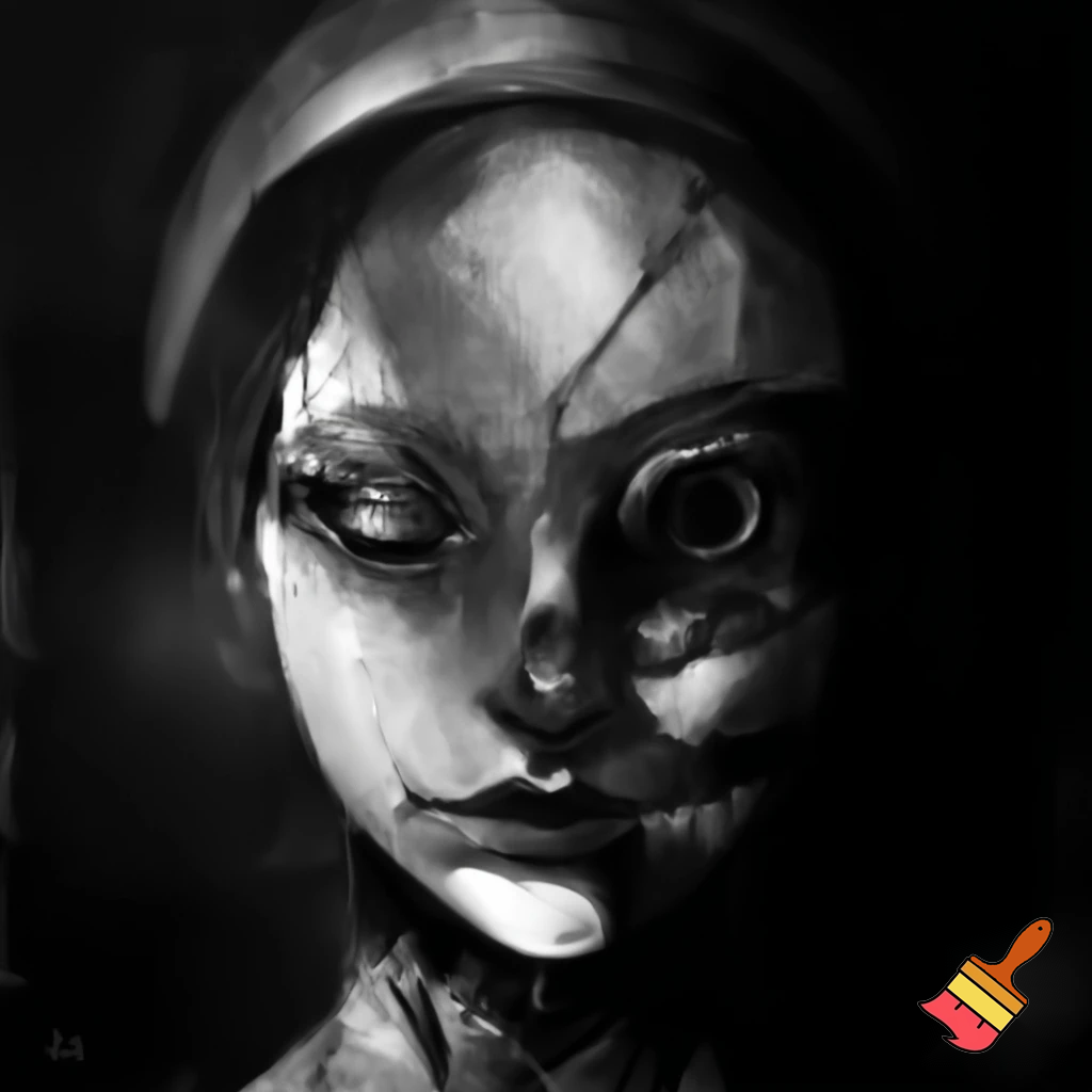 Bio-mechanical girl portrait, noise art. In the style of a 1920's German Expressionism. Black & white.