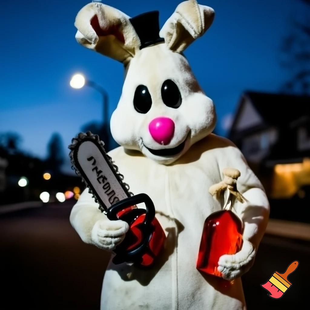 Easter bunny with a chainsaw with a top hat mascot costume go to naughty people angry Easter bunny fire bomb fire bomb