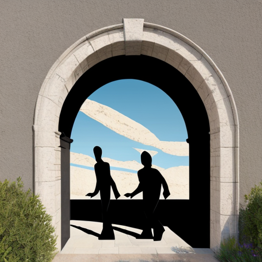 Paint the stones of an arch with multiple abstract figures in Tanguy  style