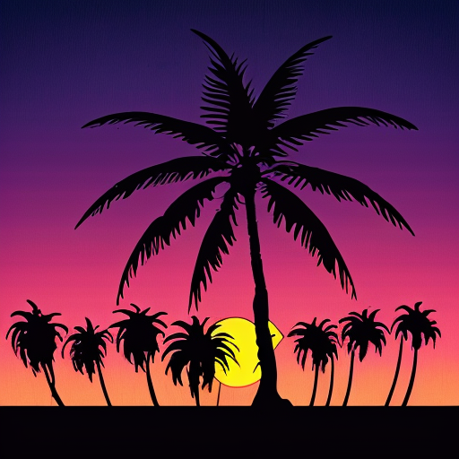 palm tree behind synthwave neon sun