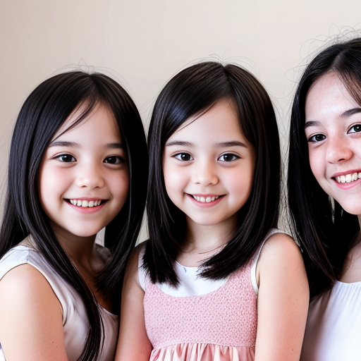 Generate a family photo of 3 triplet girls with black hair