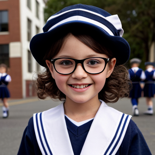Cute adorable niña Chilindrina glasses con hair lazo curly con verano sailor uniforme escolar con zapatos negros escolar con calcetines blancos con sombrero sailor con grupal con caminar con desfile Estados Unidos América bandera con ciudad 41