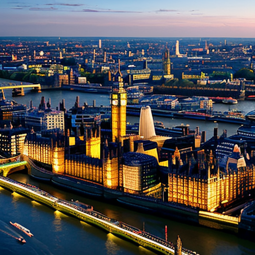 Aerial view of British and English city of London with Palace of Westminster, Big Ben, River Thames, sci-fi futuristic buildings, sci-fi futuristic skyscrapers and blue sky in 2625.