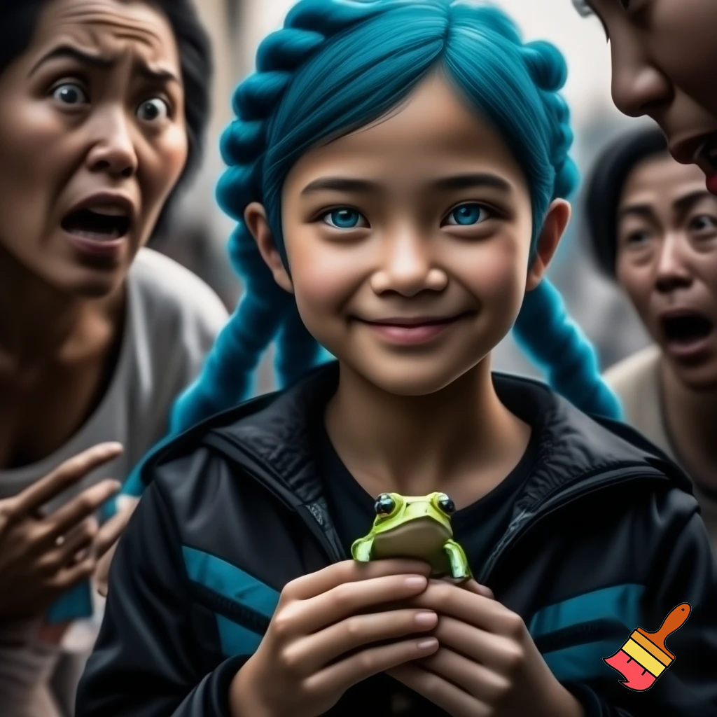 girl with blue braid and has a black jacket with blue eyes
with smile holding a frog all the people was scared of a frog