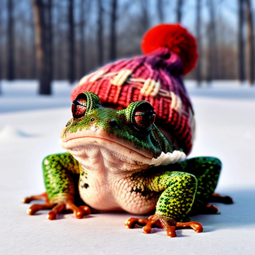 A laughable, puzzled animal toad in woolen, multicoloured winter clothings with woolen winter cap. Hyperrealistic art style.