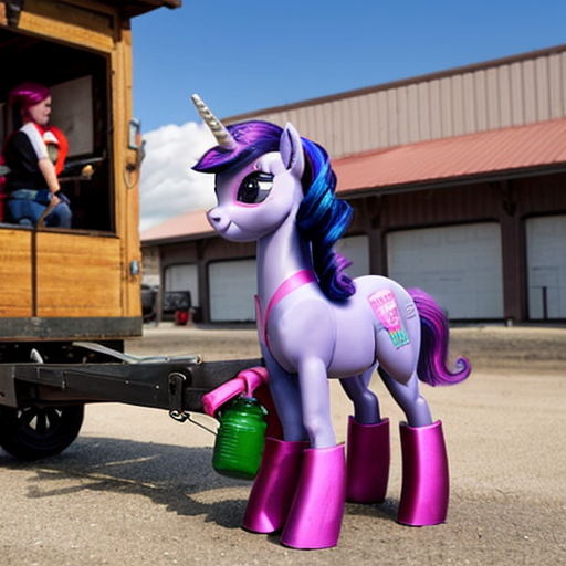 My Little Pony: Friendship is Magic: Pinkie Pie, who is tired, is pulling a horse drawn vehicle, hauling lots of fuel bottles from the Depot. She is at the Depot.