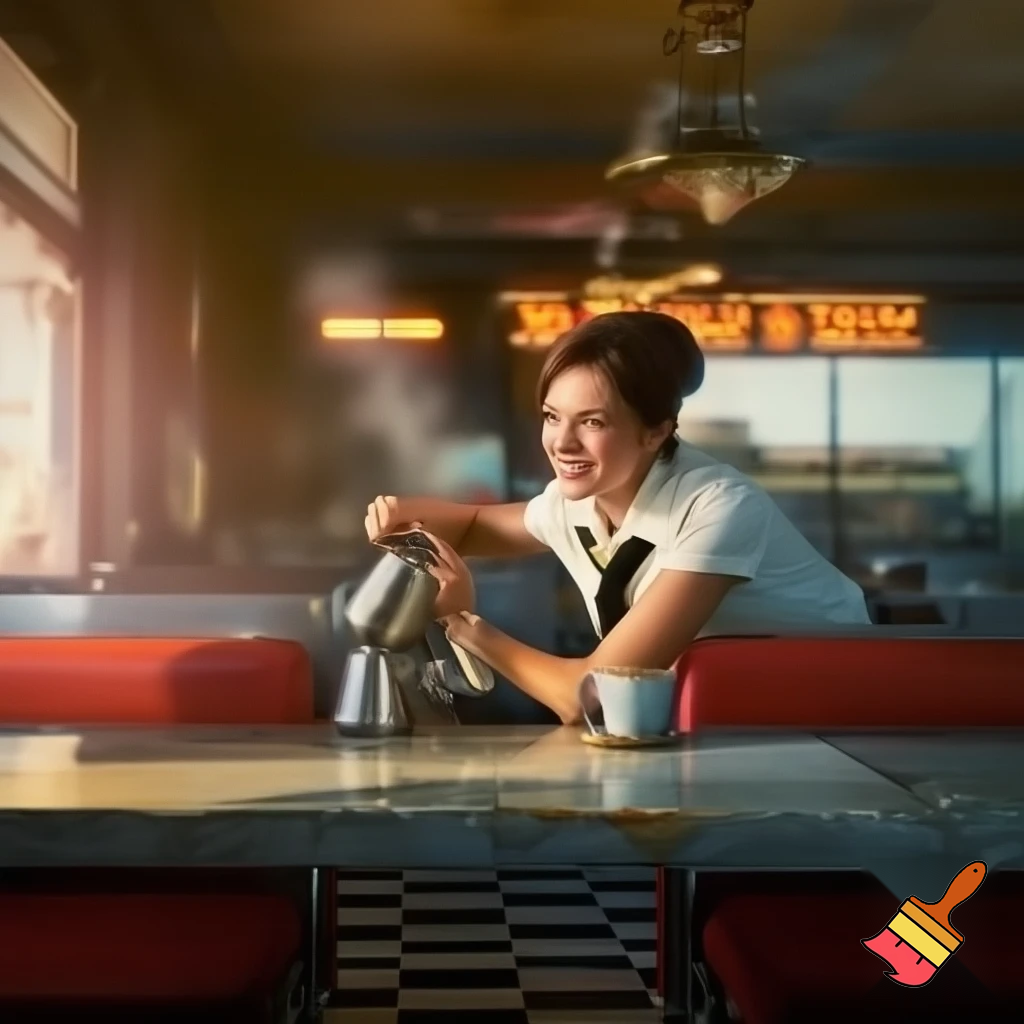 A small roadside diner. A beautiful waitress leans over to pour coffee into a customer's cup at a table. The waitress smiles. Photorealistic. 9x16