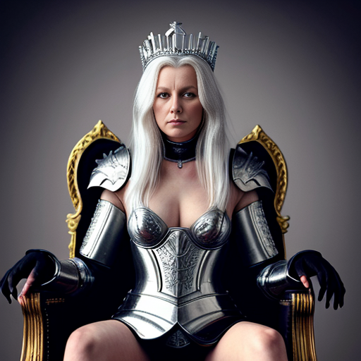 Tall, white-haired Queen of Poland in armor sitting on a throne