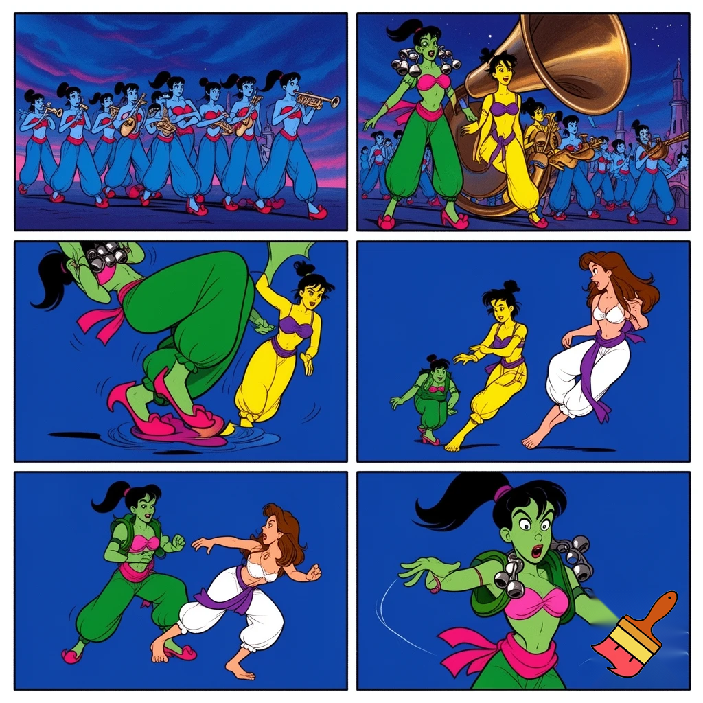 90's disney's 2d aladdin style comic dark blue background and panels of panel 1 a marching band of black haired ponytail women  with blue skin,blue harem pants red bra and red sash and red curved slippers and each playing an instrument while marching out of the remains of the belly bugle. 
Panel 2 followed by a giant black haired ponytail woman with green skin,green harem pants pink bra and pink curved slippers sash with cowbells who marches in front of a black haired ponytail woman with yellow skin, yellow harem pants, purple bra and purple sash and purple curved slippers . 
Panel 3 then the giant black haired ponytail woman with green skin,green harem pants pink bra and pink curved slippers sash with cowbells  who repeatedly steping and squishing on a black haired ponytail woman with yellow skin, yellow harem pants, purple bra and purple sash and purple curved slippers 
Panel 4 The black haired ponytail woman with yellow skin,yellow harem pants purple bra and purple sash and purple curved slippers eventually has enough and sneaks behind the giant black haired ponytail woman with green skin,green harem pants pink bra and pink sash and pink curved slippers 
panel 5 The curvy figure woman with brown hair barefoot with white harem pants with a purple sash and green vest and white bra then kicks the giant black haired ponytail woman with green skin,green harem pants pink bra and pink sash and pink curved slippers in the butt. 
Panel 6 then the giant black haired ponytail woman with green skin,green harem pants pink bra and pink sash and pink curved slippers split into three black haired ponytail women with big breast and hips green skin,green harem pants pink bra and pink sash and pink curved slippers.