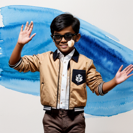 A Gacha brown skinned boy with dark brown hair, brown glasses and a brown pattern jacket with a white shirt, blue pants and black shoes. Waving at the camera 