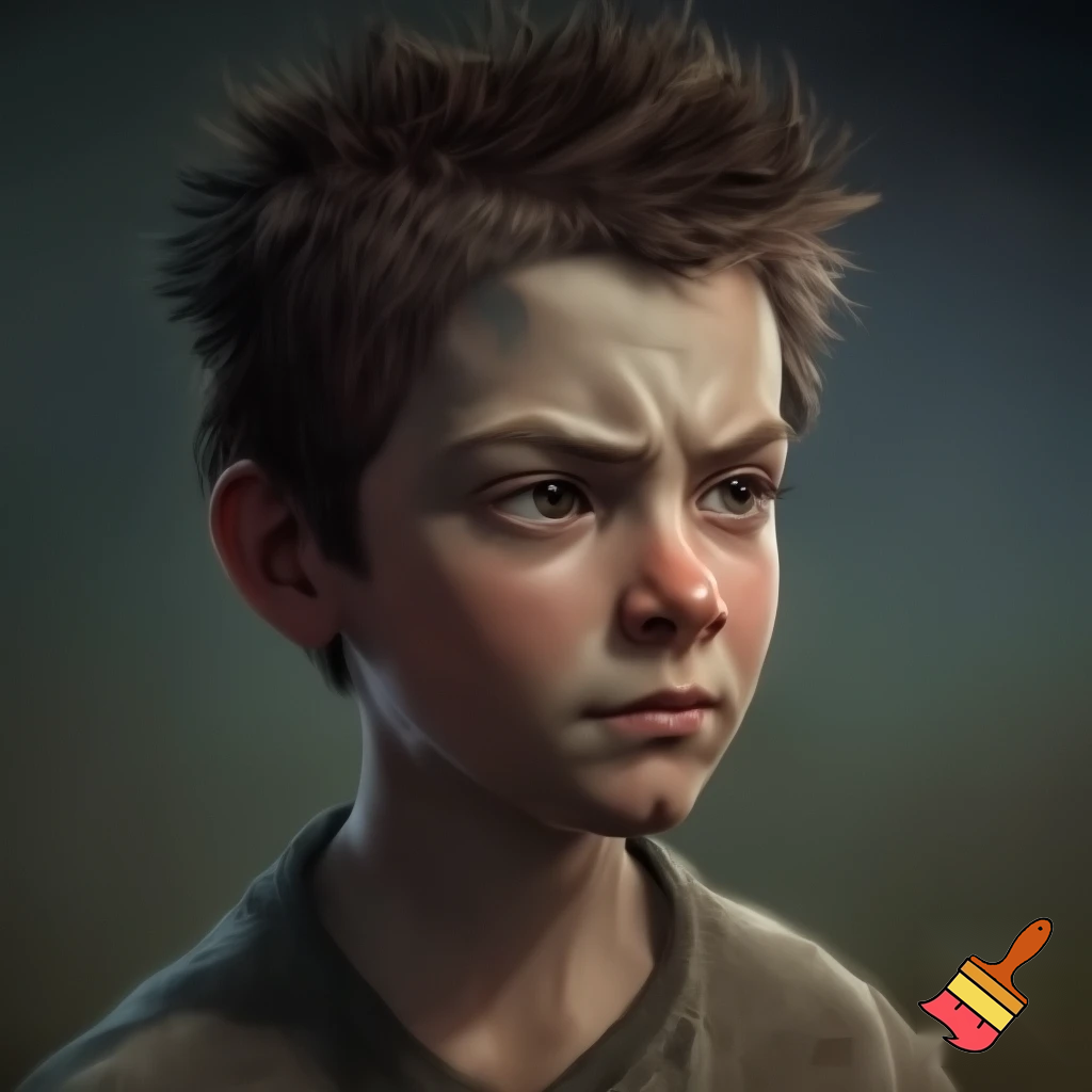 Boy about 11 years old with brown, patchy and sharp hair with dirty shirt who looks cautious and curious 