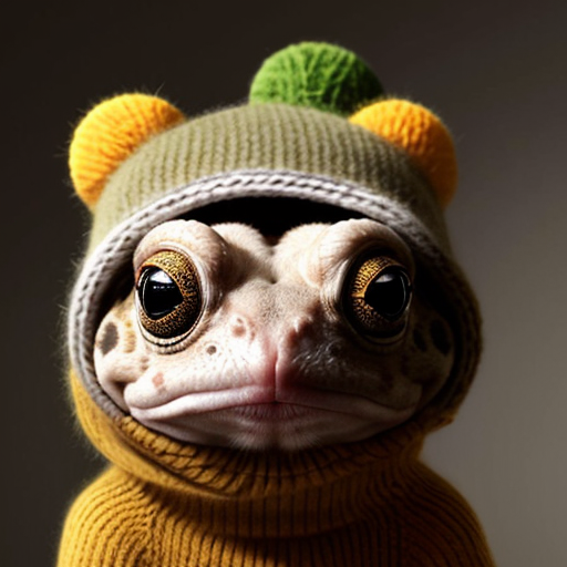 A laughable, puzzled animal toad in woolen, multicoloured winter clothings with woolen winter cap. Hyperrealistic art style.