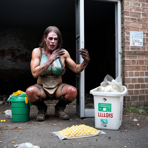 The image depicts a grim and disturbing scene, possibly an outdoor butcher's area or a macabre setup in a derelict location. The overall color palette is dominated by muted browns, grays, and reds, with a significant presence of what appears to be blood and gore.

In the upper portion of the image, a person wearing a blood-stained red apron is standing and appears to be working on something on a table. Their arms are muscular, and their hair is dark and styled up. The table itself is covered with what looks like raw meat and several clear plastic bags containing more of these items.

Below the table, in the lower part of the frame, are two figures. The one on the left is a female form, seated and appearing to be made of flesh, covered in blood and some kind of fibrous material, possibly hair or fabric. Her head is tilted back. To the right of her is another figure, also appearing to be flesh and blood, crouched low. This figure has a more defined face with glasses. Both figures are unsettling and appear to be part of the overall scene of dismemberment or processing.

The background is a crumbling brick wall, suggesting a dilapidated urban environment. There is a dirty window with reflections on the right side. The ground is littered with debris, including plastic bags, scraps of material, and what looks like discarded food items. Two large trash bins are visible on the sides, one brown on the left and a green one on the right, the latter overflowing with corn cobs and other contents.

The composition is vertically oriented, with the standing figure and the table forming the upper half, and the seated figures and the ground clutter occupying the lower half. The lighting is somewhat harsh and uneven, contributing to the unsettling atmosphere. The image has a gritty, low-resolution texture, which adds to its raw and disturbing nature.
