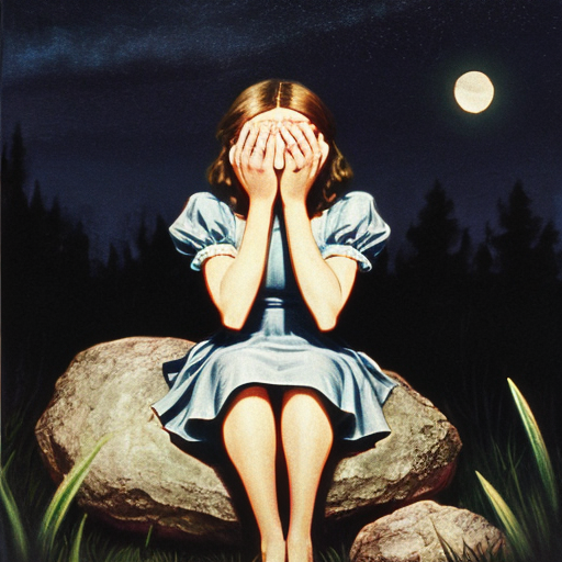 Alice in wonderland 1951, Alice is sitting on a rock in the middle of the Tulgey Wood at night time. Alice is using both trembling hands to hold a large, thick handkerchief to cover her eyes. Alice is hunched over, her elbows braced upon her knees, as she sobs into the handkerchief. Tears are gushing plentifully, creating a pool of tears. 