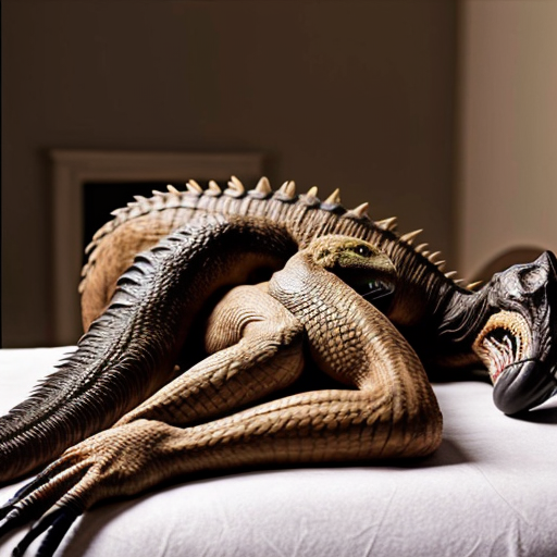 A sleeping female Velociraptor. There are 6 tranquilizer darts in her butt, 3 in her tail, and 2 on her nose. 