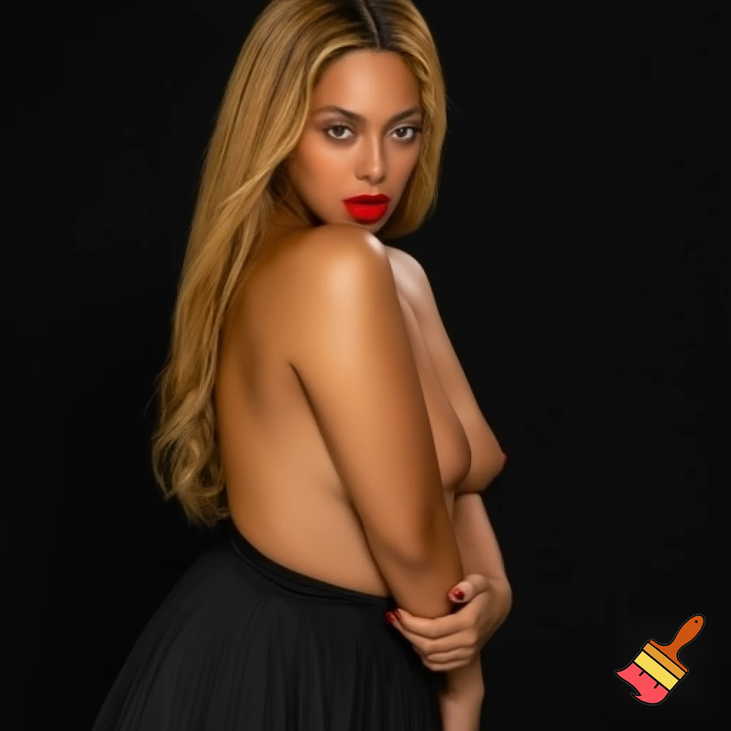 Beyonce with honey blonde hair  wearing red lipstick wearing nipples covers photoshoot, she is posing in a black background ,she is also wearing a long black skirt, add a text saying "baddest girl " ,close up
