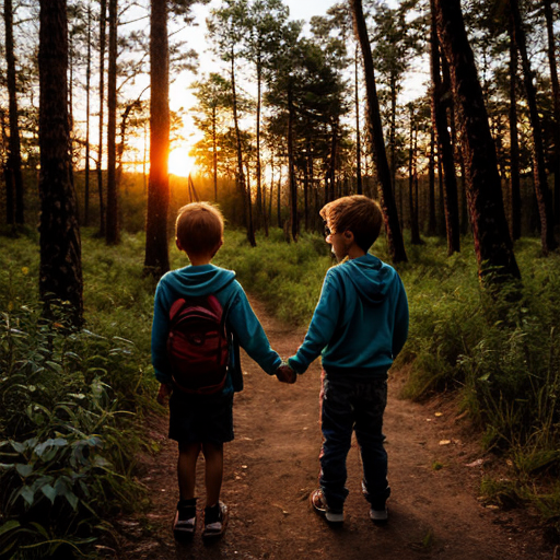 One girl one boy kids in a forest back to back in a sunset