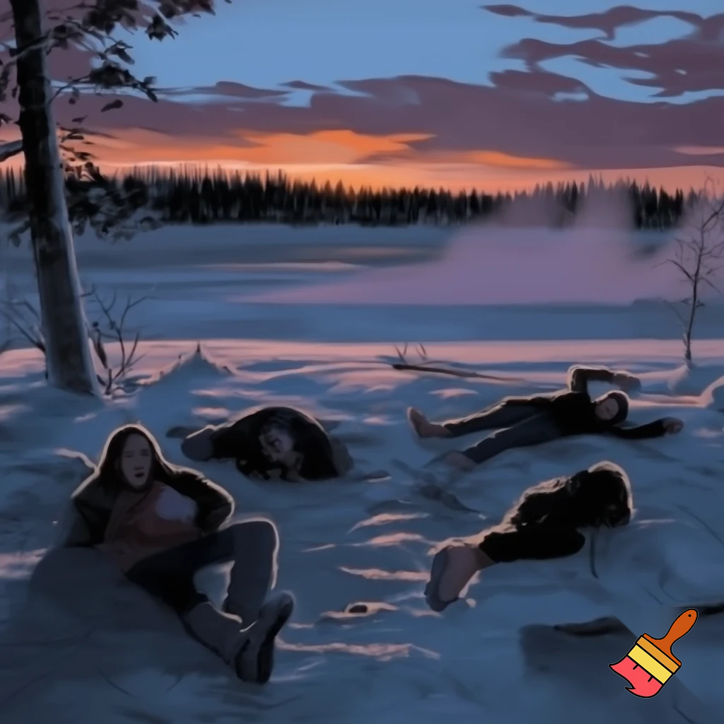 4 teenagers are camping in the snow in Finland and in the background is a lake and a forest, at sunrise, 3 of them are dead and one is badly injured