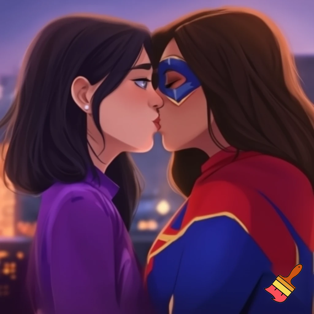 Kate Bishop  Hawkeye white skin dark hair blue eyes purple outfit kissing ms marvel Kamala khan brown skin dark brown hair dark eyes red blue outfit 