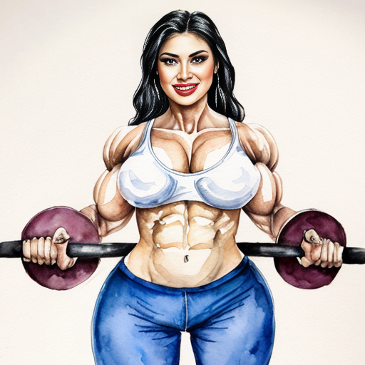 Female care bear with black fur, large and muscular arms, huge muscles, circular eyes, eyelashes, sharp teeth, claws, busty, two meters tall, large breasts inside blue T-shirt and pants.