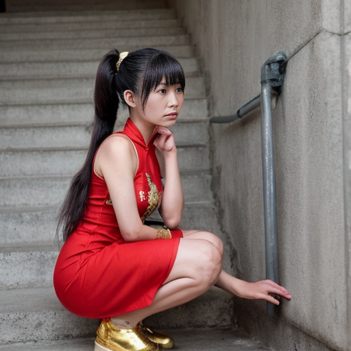 Anime style short woman from indochina, she wears a short red dress with gold embroidery, she has her bkue-black hair up in either 2 buns or 2 ponytails. She has a determined look on her face. We view her from a few steps away face-on. She is crouched forward looking like she has just finished a backflip.