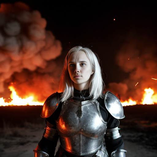 young, tall, white-haired woman in armor stands in front of a burning castle into which meteorites are falling.