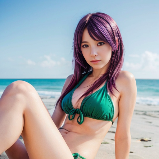 tall shiki ichinose idolmaster anime series blue eyes faded red wine hair+purple unbuttoned shirt+emerald beach bikini+resting on beach+medium distance zoomed 