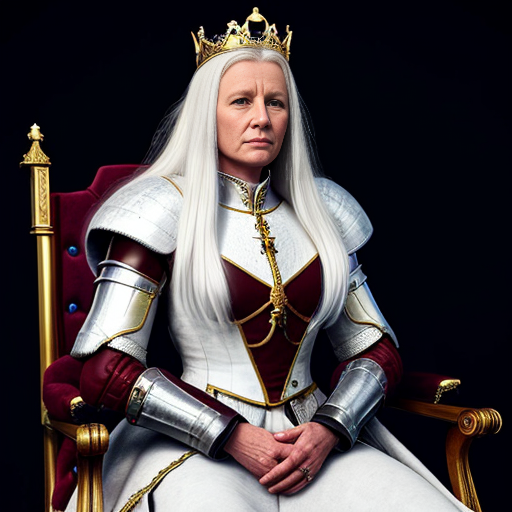 Tall, white-haired Queen of Poland in armor sitting on a throne