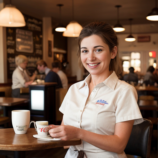 A small roadside diner. A beautiful waitress leans over to pour coffee into a customer's cup at a table. The waitress smiles. Photorealistic. 9x16