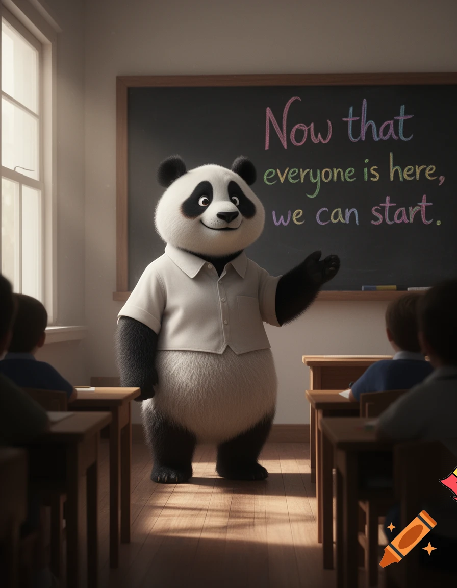 panda teacher says now that eveyone is here we can  start
