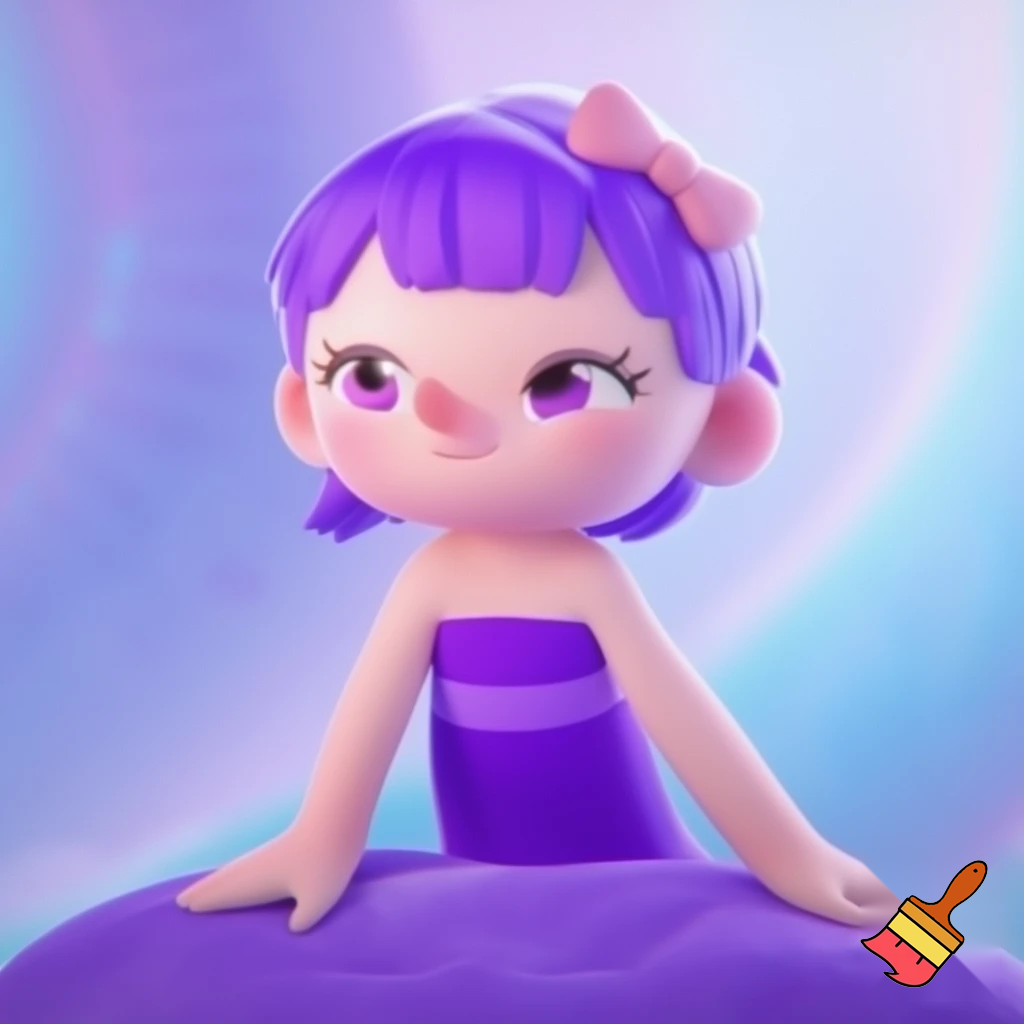 Bubble Guppies girl that has fair skin and a small, upturned nose, a gentle smile, and long eyelashes. Her hair is a vibrant shade of purple, styled in a bob with bangs and a small, light pink bow on the side. She is wearing a strapless dress that is purple with a lighter purple stripe. Her arms are extended, and her hands are visible, resting on a large, purple, rounded object, which could be a blanket or a part of a larger object.