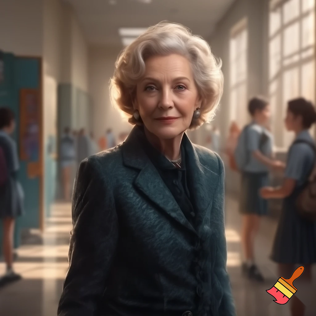 Make an image of a rich older woman at a school.