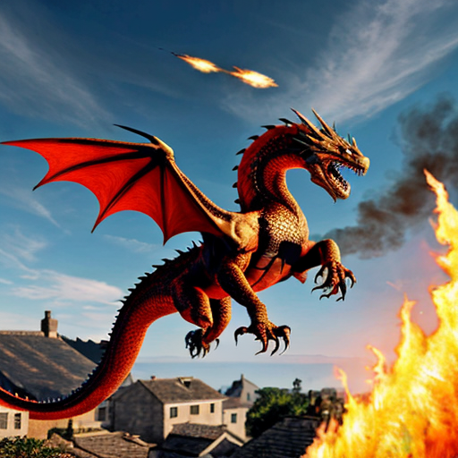 Draw me a mythological dragon flying through the sky above a village, breathing fire on the houses