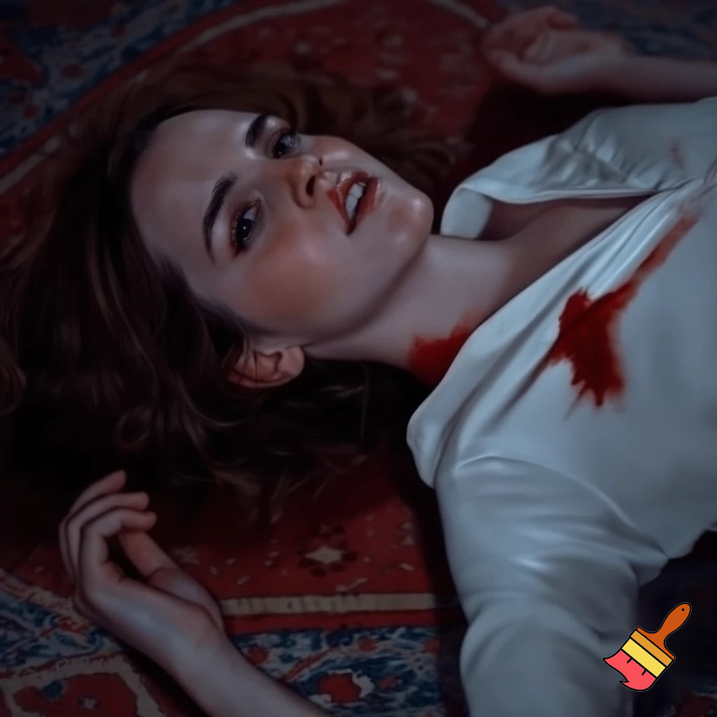 beauty Emma Watson as Hermione lay sprawled across the carpet, her petite body taut with the force of the bullet that had ripped through her tender left breast. Blood seeped from the neat entrance wound, staining her elegant white blouse a deep crimson. The fabric of her bra, a delicate lacy number, was visible as the shirt rode up to expose more of her pale skin.
Her legs were splayed, ankles crossed, in an unnatural pose that accentuated her curves. The way she'd fallen, face down, her long auburn hair fanned out like a halo over the floor. It was a strangely beautiful tableau, marred only by the dark stain growing larger between her shoulder blades, an omen of the brutal violence that had claimed her life.
Her face was turned to the side, the perfect porcelain complexion now marred by a look of shocked terror. Her eyes, those piercing hazel orbs that always seemed to hold a thousand thoughts and emotions, were wide open and staring, unseeing. The bridge of her elegant nose was a gruesome testament to the assassin's aim, a small neat hole, perfectly centered, a fatal kiss of steel and lead.
The eyes rolled slightly, the gaze slanting toward the bridge of the nose, as if Hermione's brain was trying to comprehend the unfathomable pain, the sudden cruel invasion of her body, the very seat of her being. The glassy stare was a mix of horror and defiance, a final and futile attempt to resist the inevitable, to will herself back to life, to transcend the cold embrace of death.
Her lips, usually pursed in concentration or curled in a wry smile, were parted in a silent scream, the pale column of her throat exposed, the delicate tendons and pulsing veins a stark reminder of life's fragility.
Every contour of Hermione's body was etched in death's chill, each detail amplified by the stark lighting and the cruel stillness of her pose. She looked impossibly lovely, even in the face of such terror and tragedy, a fleeting snapshot of a life brutally extinguished before its time. The escalating crimson stain on her white blouse was a grim reminder of the sacrifice she made, her elegant form now a macabre canvas for the evil that had unfolded.